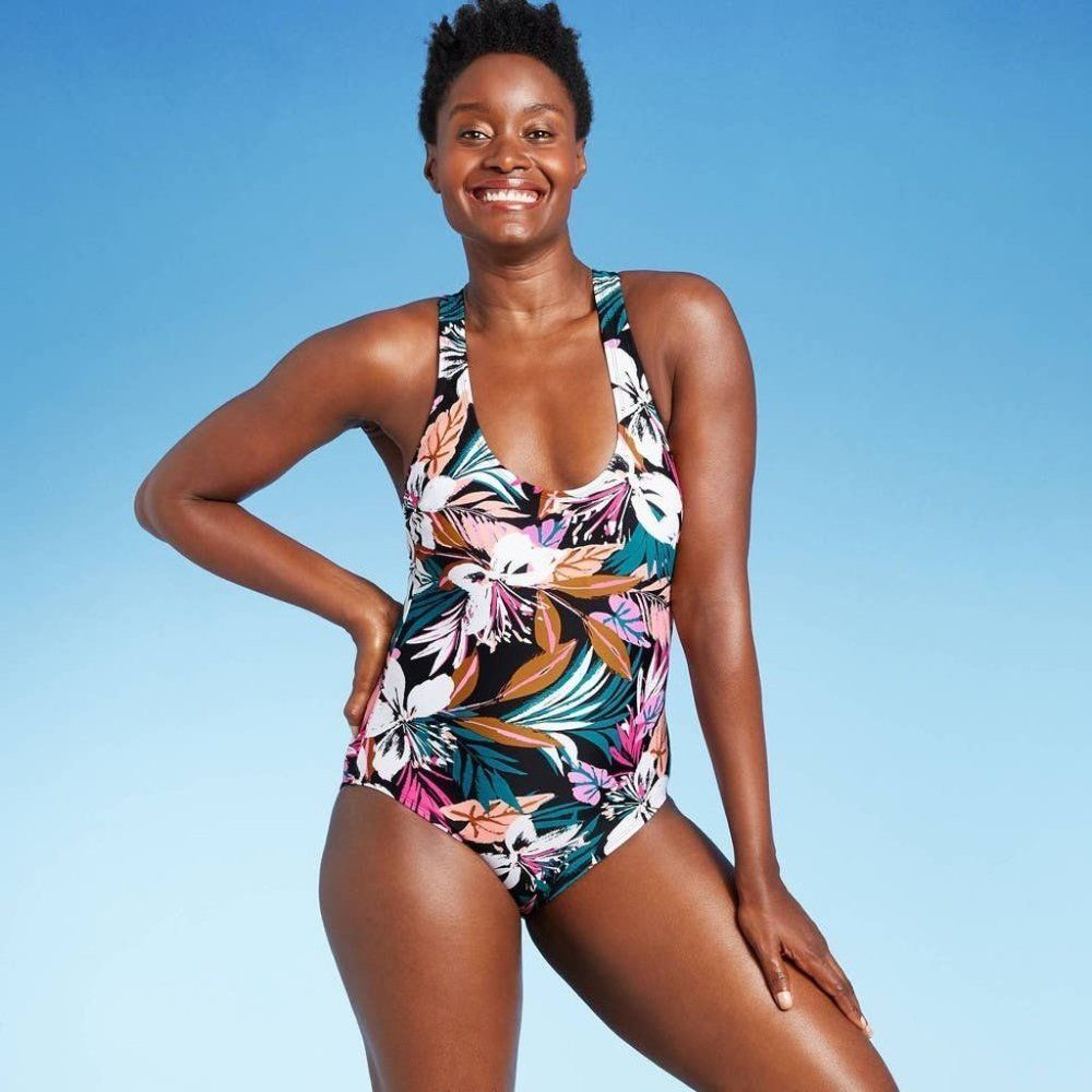 Kona Sol Twist-Back One-Piece Swimsuit Black Floral $40 Size Small 4/6